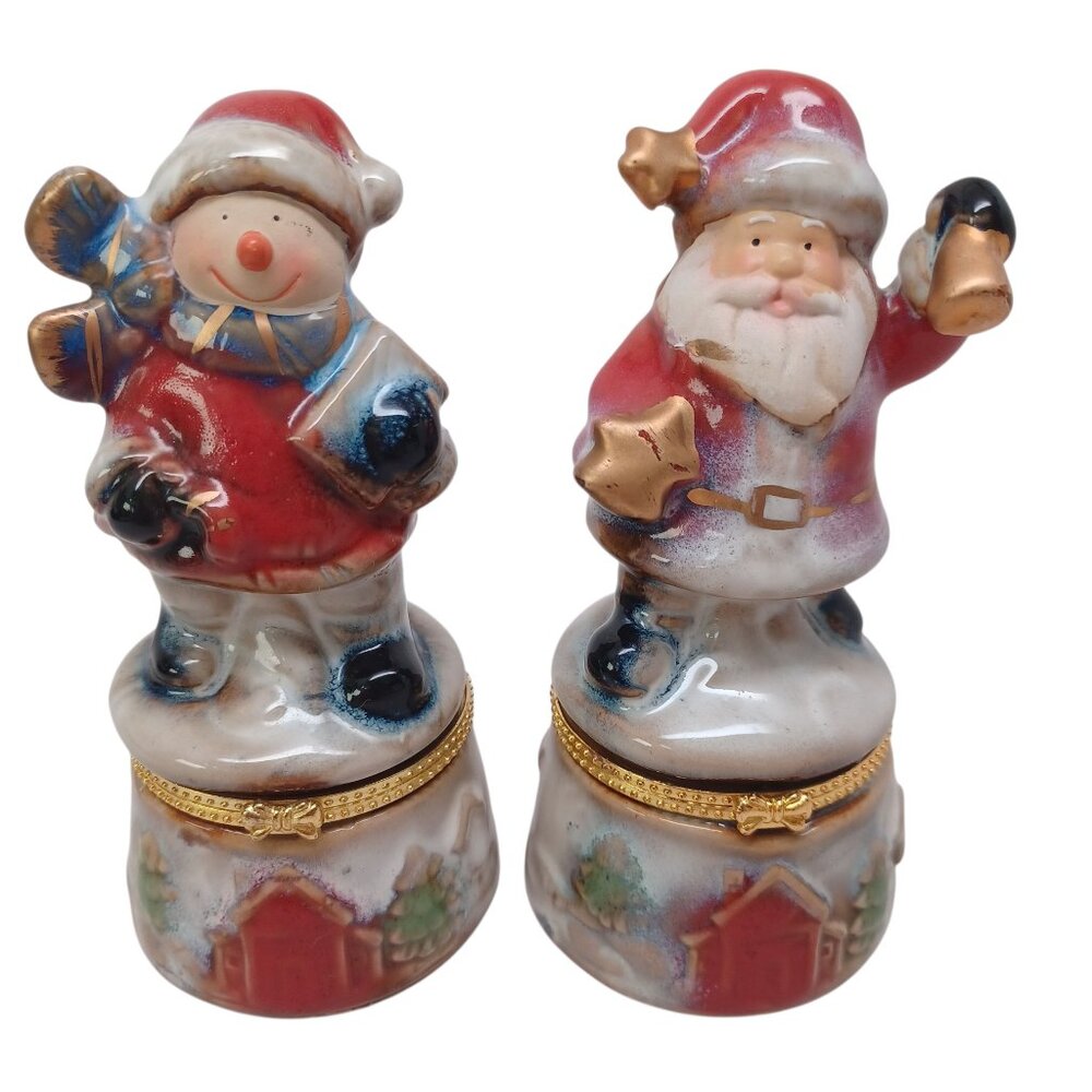 Greenbriar International Porcelain Limoge Hinged Boxes Santa & Snowman Pair